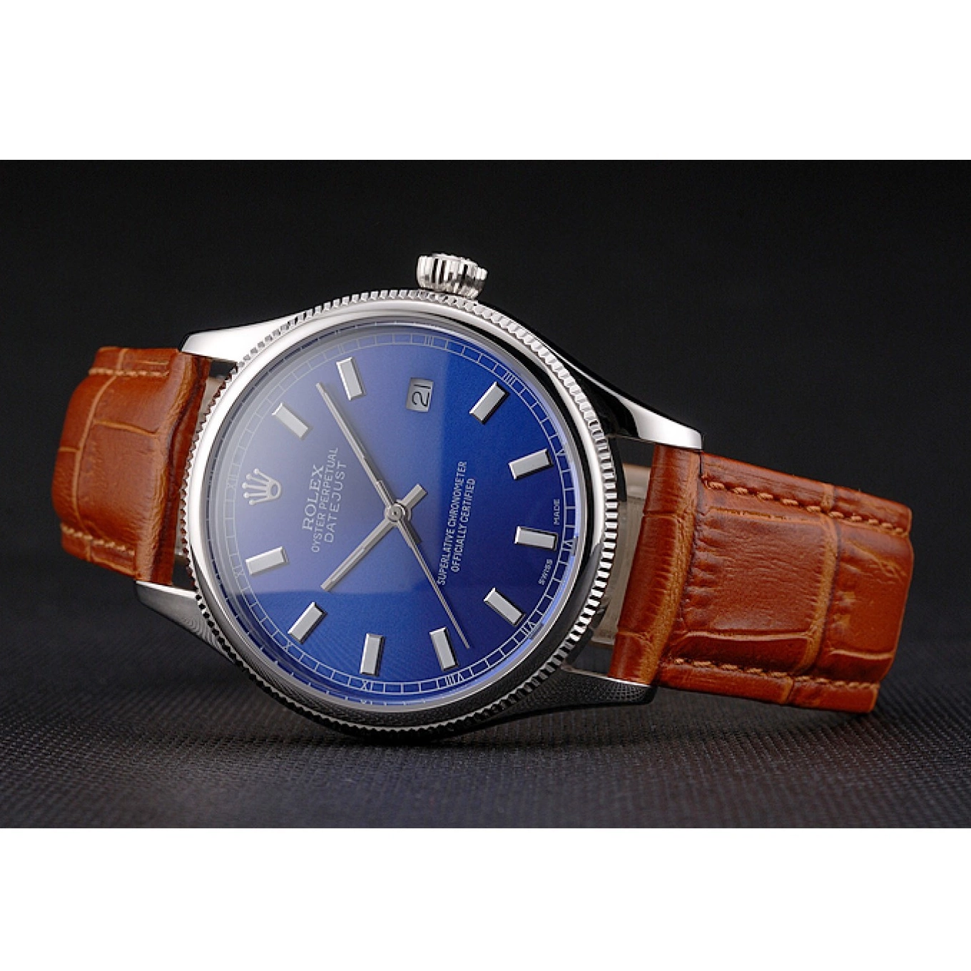Best AAA Replica Sites Stainless Leather Swiss Case Rolex Steel Dial Blue Light Strap Brown Datejust 0701
